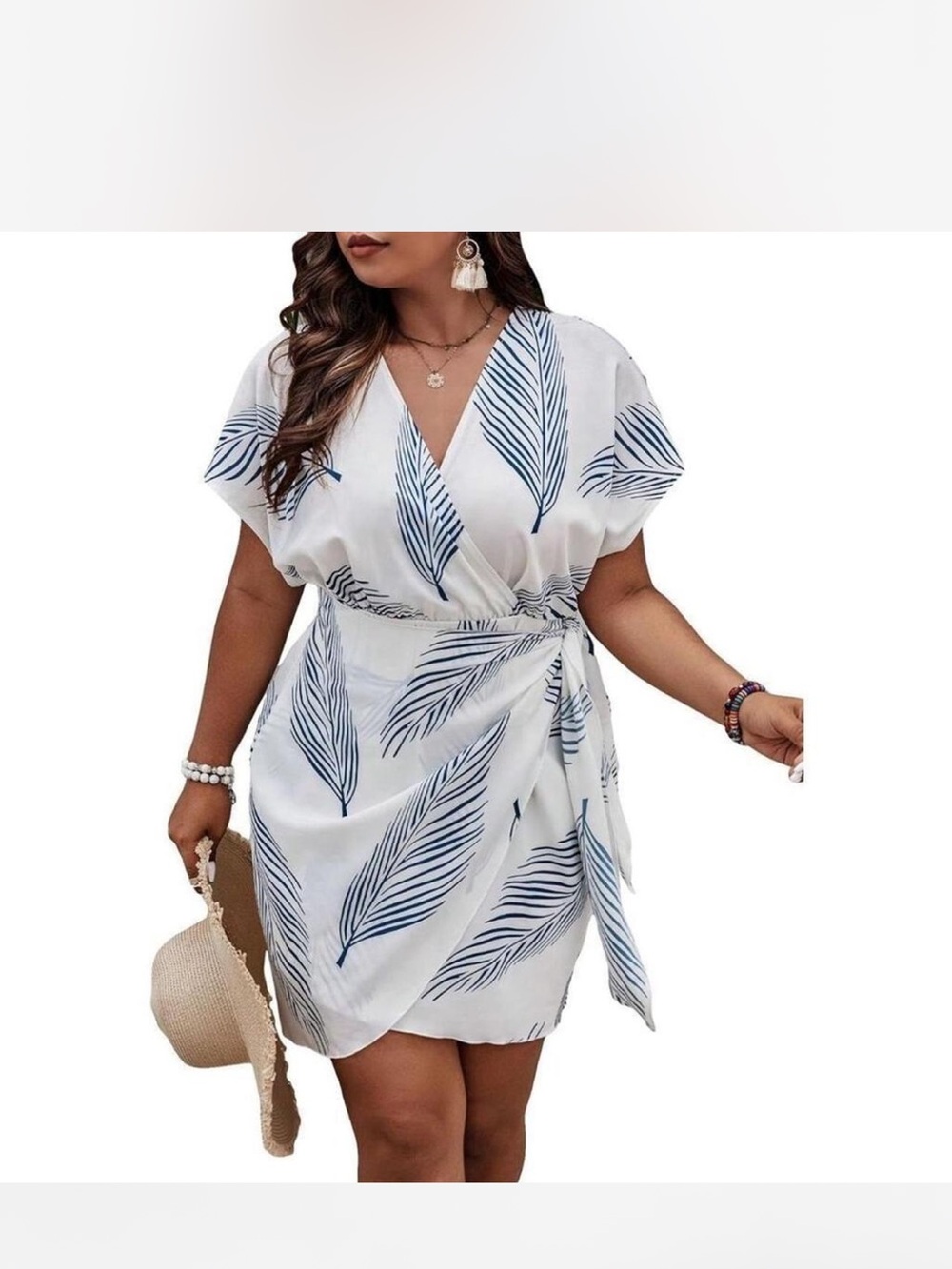 SHEIN Curve 2XL White Blue Leaf Print Wrap Midi Dress Belted